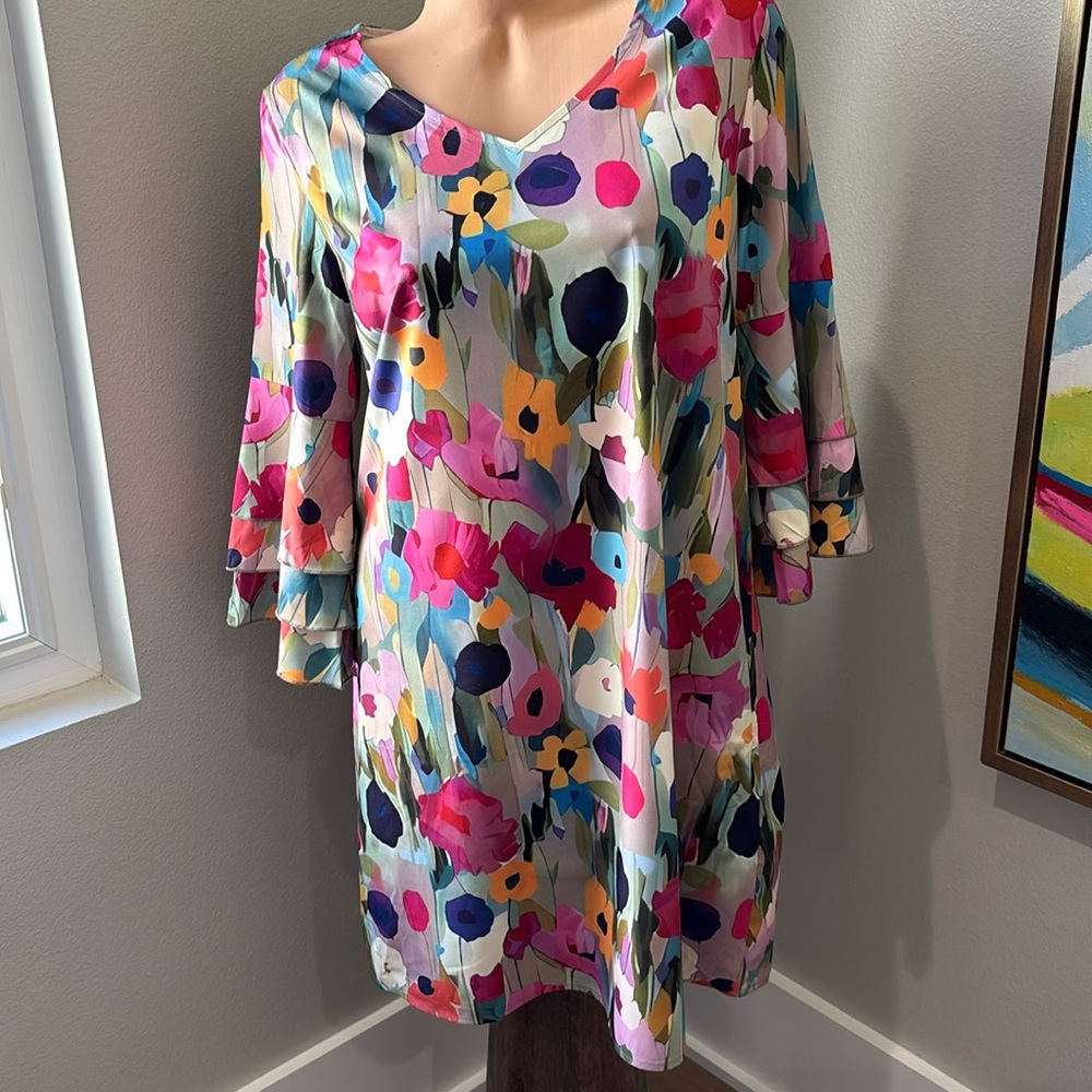 Made With Love Dress Womens M Orange Pink Floral VNeck Bell Sleeve Boho Cover Up